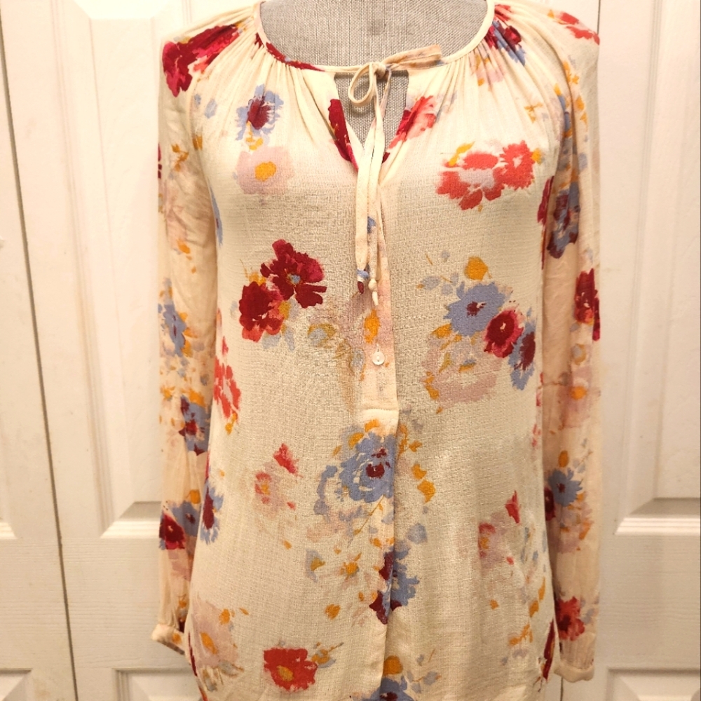 Lucky Brand Cream and Red Tie Front Blouse SZ XS